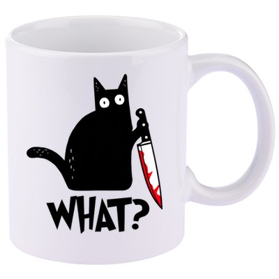 Cat What? Funny Black Cat Murderous Cat With Knife 11oz C Handle Ceramic Mug