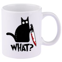 Cat What? Funny Black Cat Murderous Cat With Knife 11oz C Handle Ceramic Mug