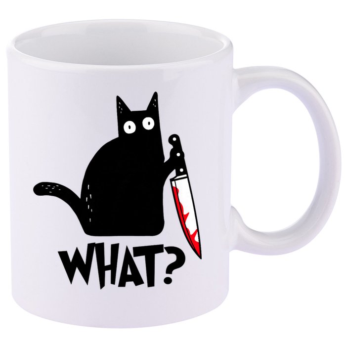 Cat What? Funny Black Cat Murderous Cat With Knife 11oz C Handle Ceramic Mug