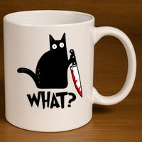 Cat What? Funny Black Cat Murderous Cat With Knife 11oz C Handle Ceramic Mug