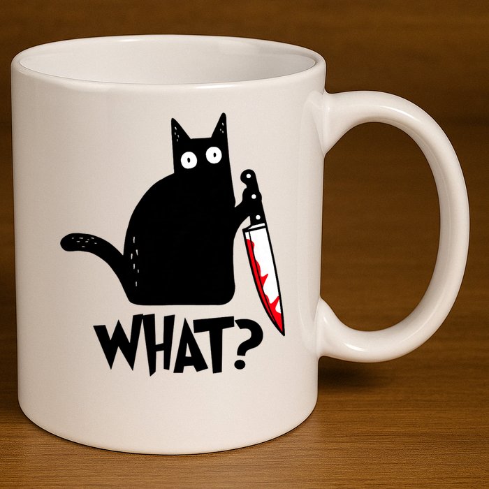 Cat What? Funny Black Cat Murderous Cat With Knife 11oz C Handle Ceramic Mug