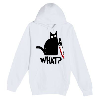 Cat What? Funny Black Cat Murderous Cat With Knife Premium Pullover Hoodie