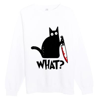 Cat What? Funny Black Cat Murderous Cat With Knife Premium Crewneck Sweatshirt