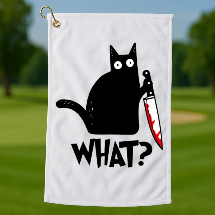 Cat What? Funny Black Cat Murderous Cat With Knife Golf Towel