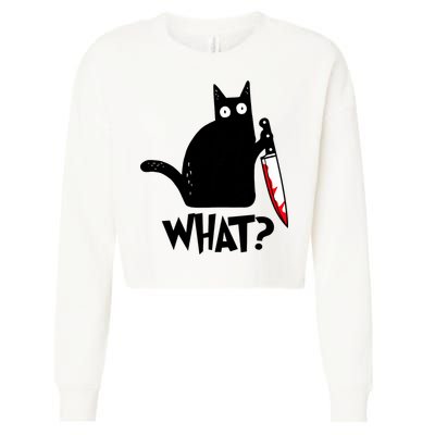 Cat What? Funny Black Cat Murderous Cat With Knife Cropped Pullover Crew