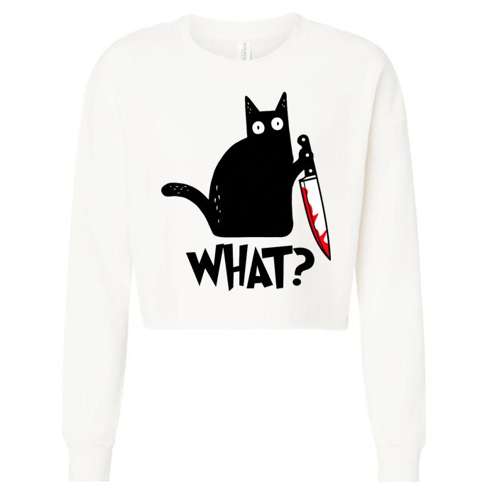 Cat What? Funny Black Cat Murderous Cat With Knife Cropped Pullover Crew
