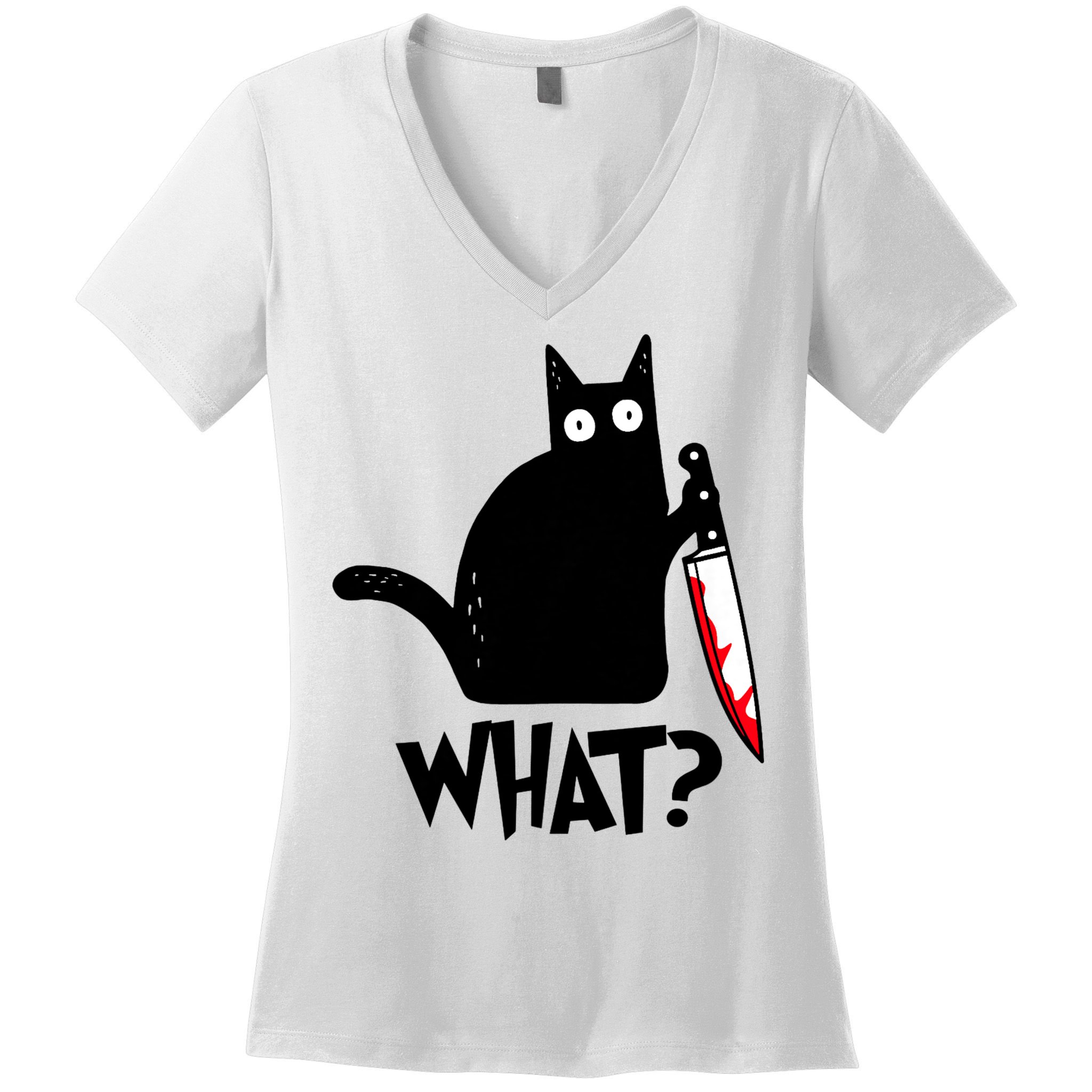 Cat What? Funny Black Cat Murderous Cat With Knife Women's V-Neck T-Shirt