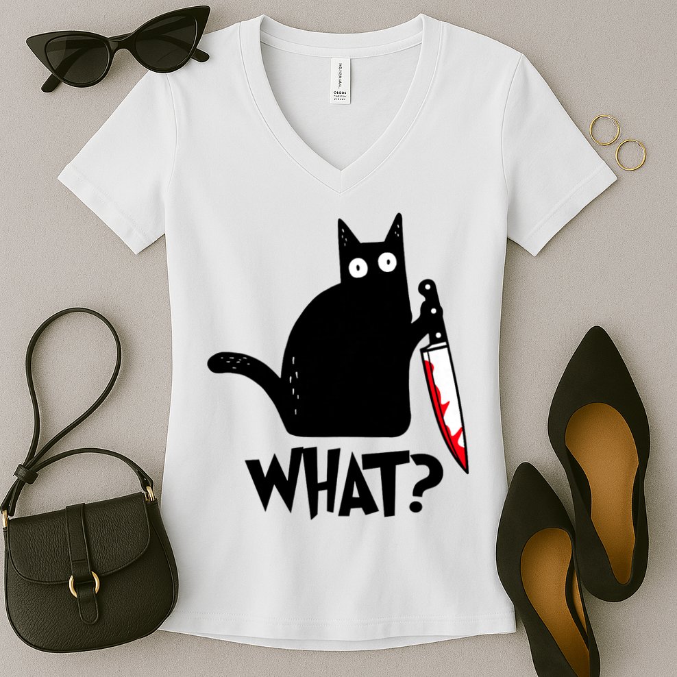 Cat What? Funny Black Cat Murderous Cat With Knife Women's V-Neck T-Shirt