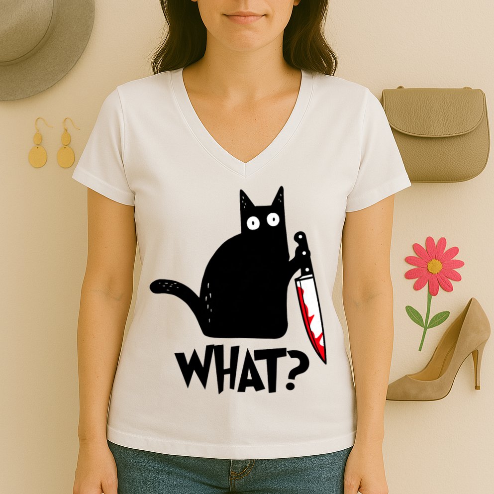Cat What? Funny Black Cat Murderous Cat With Knife Women's V-Neck T-Shirt