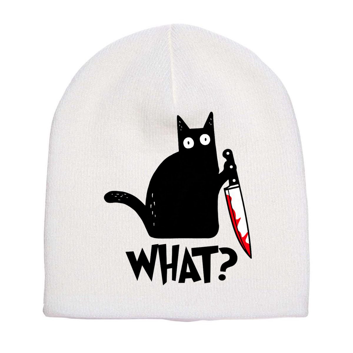 Cat What? Funny Black Cat Murderous Cat With Knife Short Acrylic Beanie