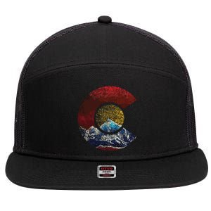 Colorado With Flag Themed Mountain 7 Panel Mesh Trucker Snapback Hat