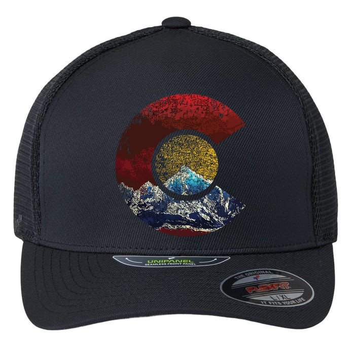 Colorado With Flag Themed Mountain Flexfit Unipanel Trucker Cap