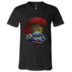 Colorado With Flag Themed Mountain V-Neck T-Shirt