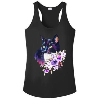 Cat With Flowers Watercolor Look Gift Ladies PosiCharge Competitor Racerback Tank