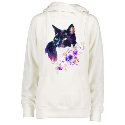 Cat With Flowers Watercolor Look Gift Womens Funnel Neck Pullover Hood