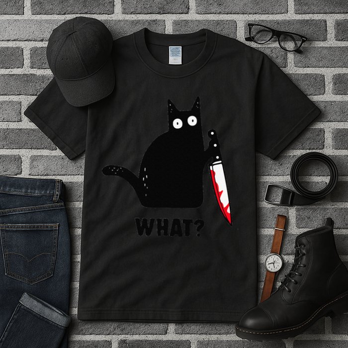 Cat What Funny Black Cat  Murderous Cat With Knife (1) Tall T-Shirt