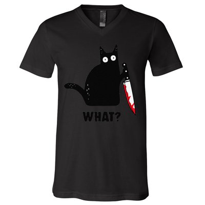 Cat What Funny Black Cat  Murderous Cat With Knife (1) V-Neck T-Shirt