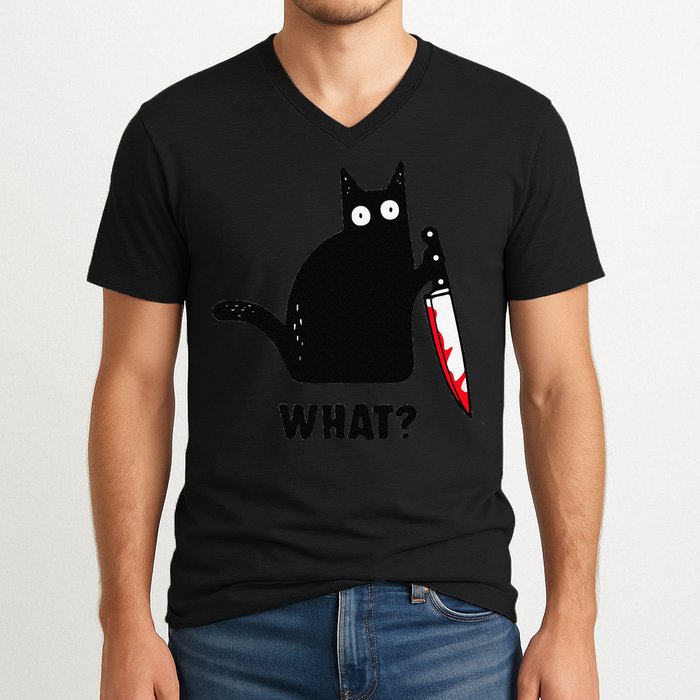 Cat What Funny Black Cat  Murderous Cat With Knife (1) V-Neck T-Shirt