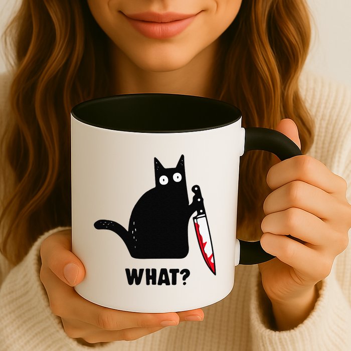 Cat What Funny Black Cat  Murderous Cat With Knife (1) Mug