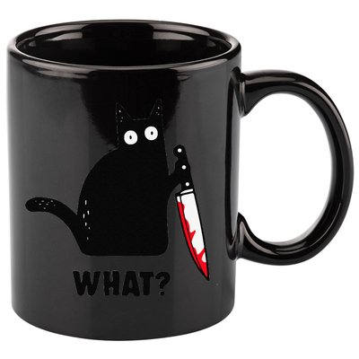 Cat What Funny Black Cat  Murderous Cat With Knife (1) 11oz C Handle Ceramic Mug