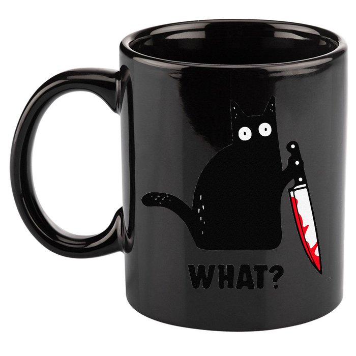 Cat What Funny Black Cat  Murderous Cat With Knife (1) 11oz C Handle Ceramic Mug