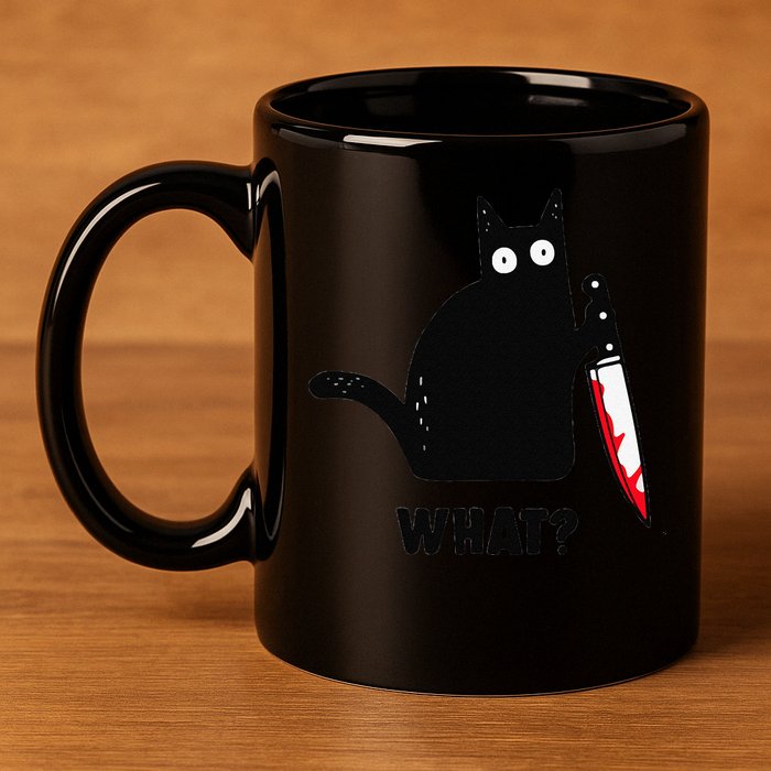 Cat What Funny Black Cat  Murderous Cat With Knife (1) 11oz C Handle Ceramic Mug