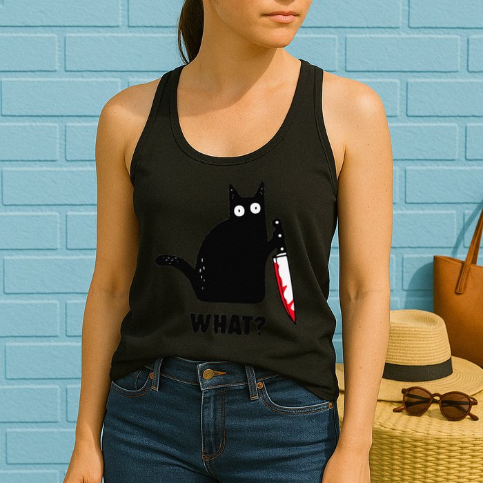 Cat What Funny Black Cat  Murderous Cat With Knife (1) Womens Tank Top