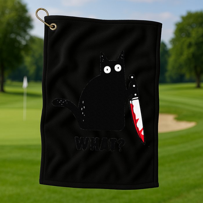 Cat What Funny Black Cat  Murderous Cat With Knife (1) Golf Towel