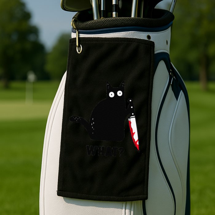 Cat What Funny Black Cat  Murderous Cat With Knife (1) Golf Towel