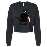 Cat What Funny Black Cat  Murderous Cat With Knife (1) Cropped Pullover Crew