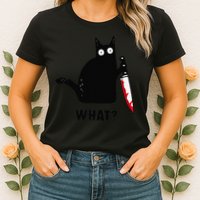 Cat What Funny Black Cat  Murderous Cat With Knife (1) Womens T-Shirt