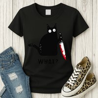 Cat What Funny Black Cat  Murderous Cat With Knife (1) Womens T-Shirt