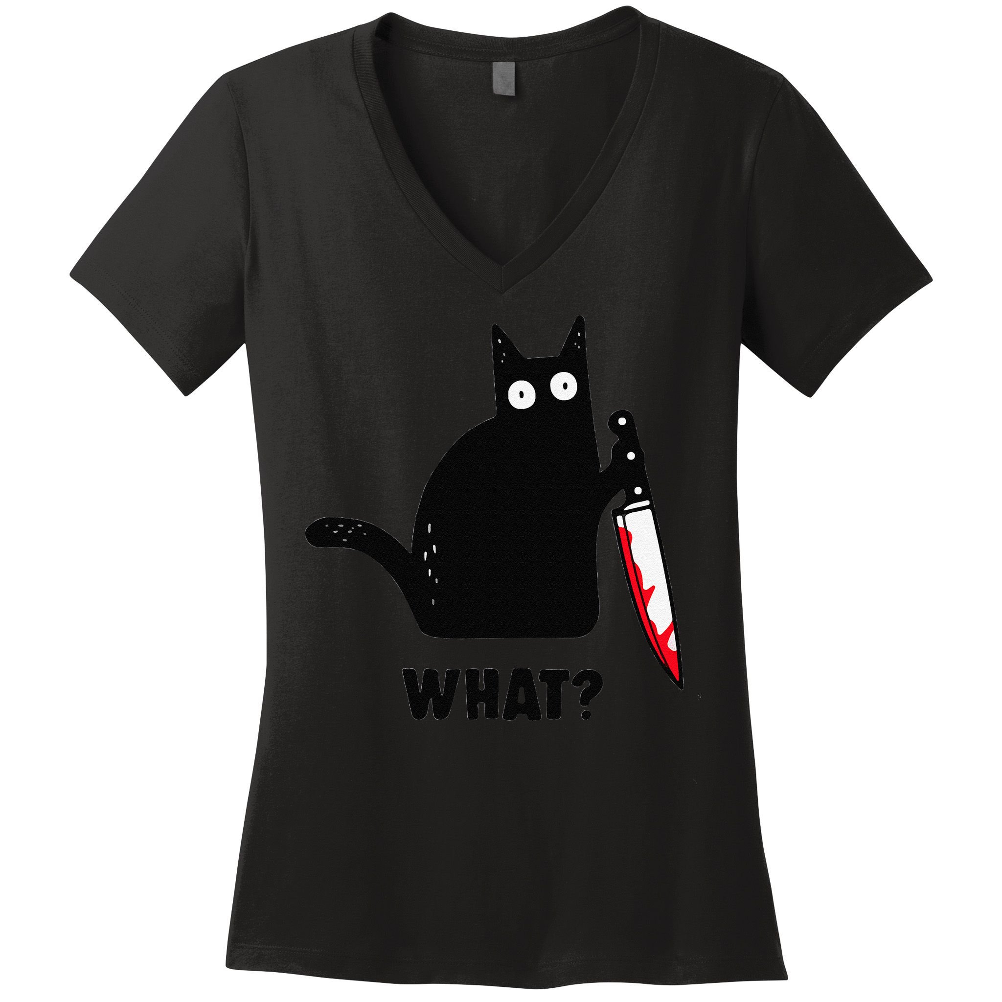 Cat What Funny Black Cat  Murderous Cat With Knife (1) Women's V-Neck T-Shirt