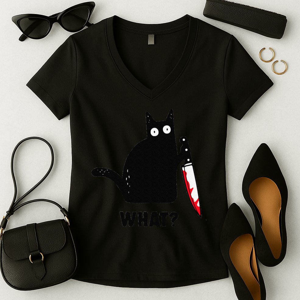 Cat What Funny Black Cat  Murderous Cat With Knife (1) Women's V-Neck T-Shirt