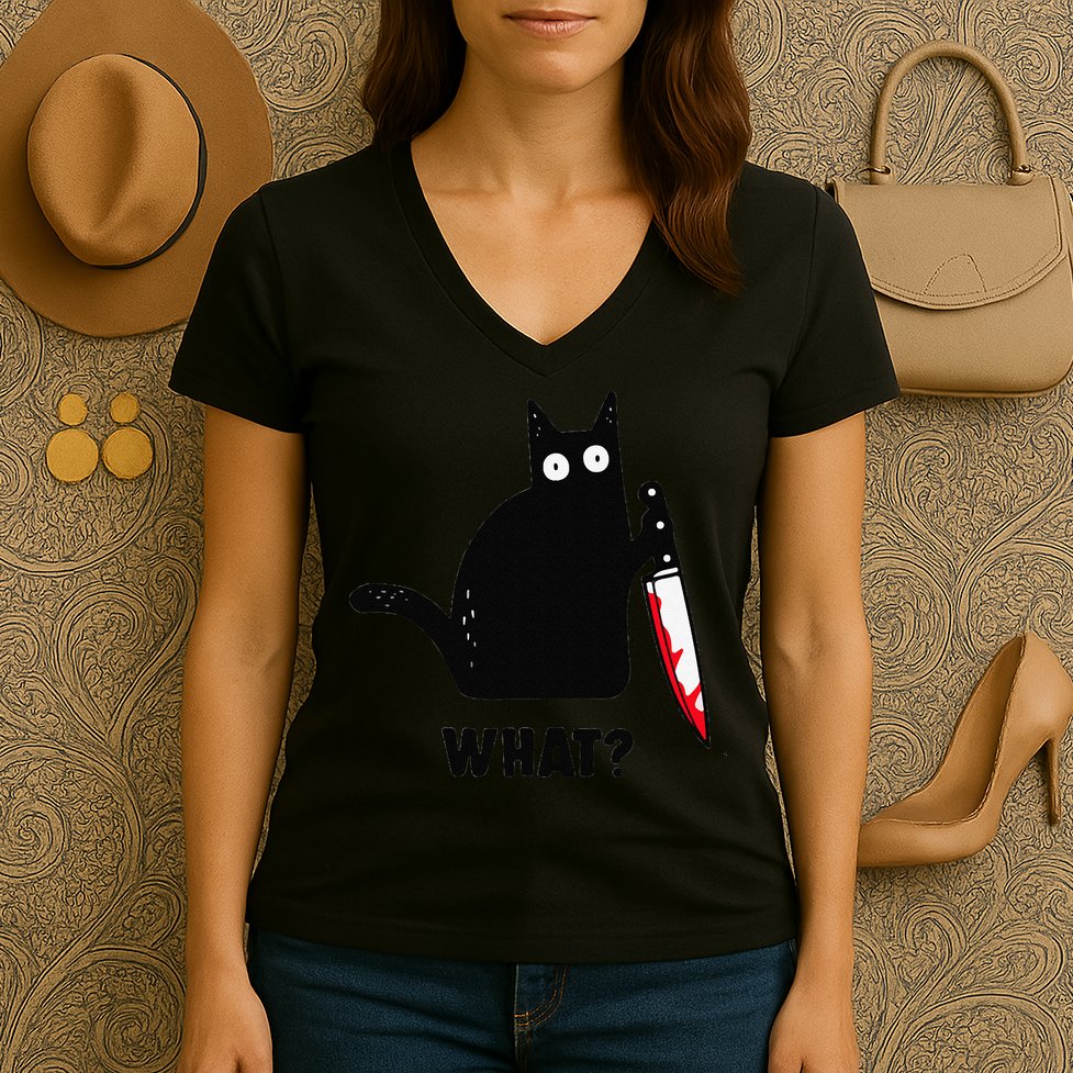 Cat What Funny Black Cat  Murderous Cat With Knife (1) Women's V-Neck T-Shirt