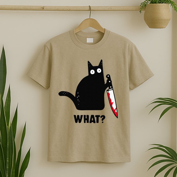 Cat What Funny Black Cat  Murderous Cat With Knife (1) T-Shirt
