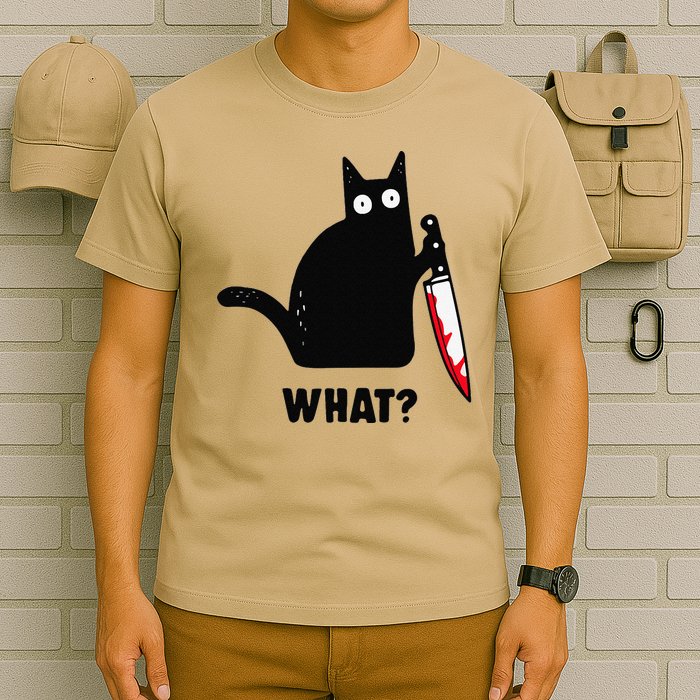 Cat What Funny Black Cat  Murderous Cat With Knife (1) T-Shirt