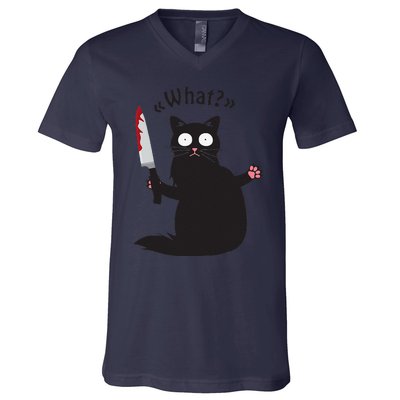 Cat What Funny Black Cat Fun Murderous Cat With Knife V-Neck T-Shirt