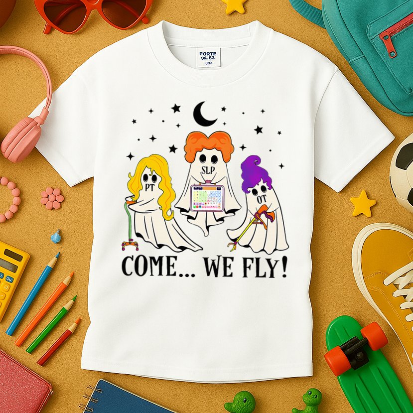 Come We Fly Funny PT SLP OT Nurse Ghost Nursing Halloween Kids T-Shirt