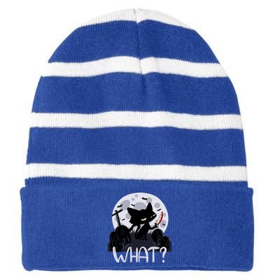 Cat What Funny Spooky Halloween Gift Striped Beanie with Solid Band