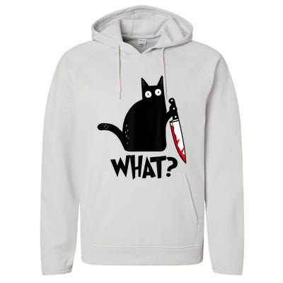 Cat What? Funny Black Cat Murderous Cat With Knife Performance Fleece Hoodie