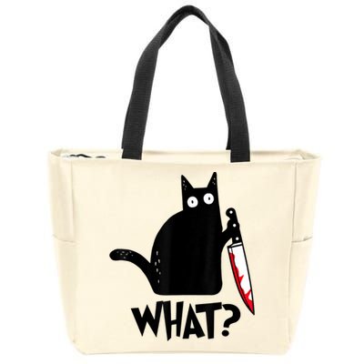 Cat What? Funny Black Cat Murderous Cat With Knife Zip Tote Bag