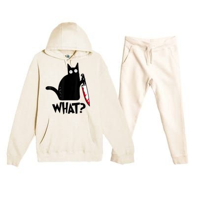 Cat What? Funny Black Cat Murderous Cat With Knife Premium Hooded Sweatsuit Set