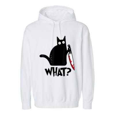 Cat What? Funny Black Cat Murderous Cat With Knife Garment-Dyed Fleece Hoodie