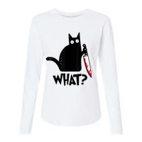 Cat What? Funny Black Cat Murderous Cat With Knife Womens Cotton Relaxed Long Sleeve T-Shirt