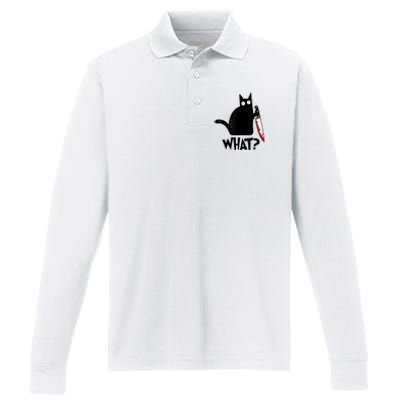 Cat What? Funny Black Cat Murderous Cat With Knife Performance Long Sleeve Polo