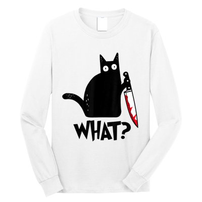 Cat What? Funny Black Cat Murderous Cat With Knife Long Sleeve Shirt