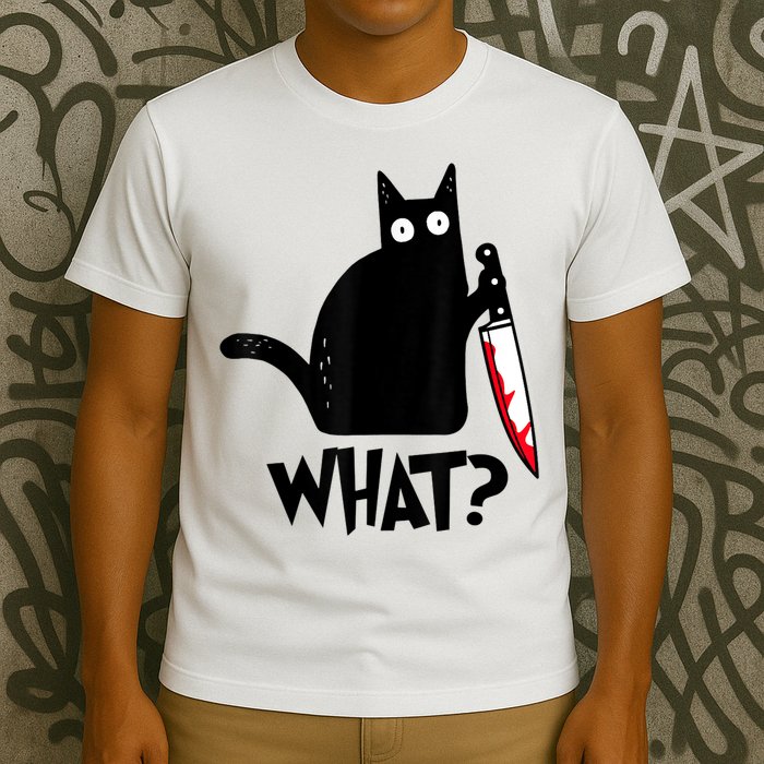 Cat What? Funny Black Cat Murderous Cat With Knife T-Shirt