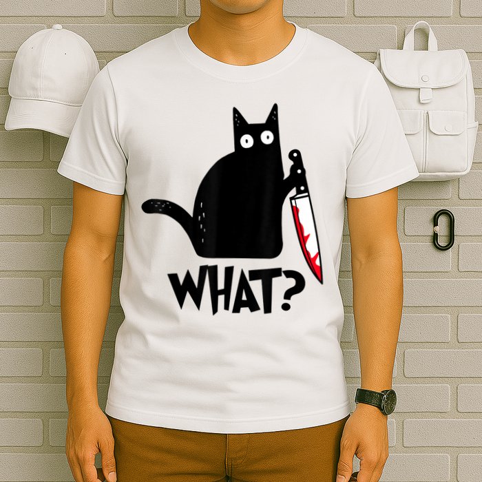 Cat What? Funny Black Cat Murderous Cat With Knife T-Shirt