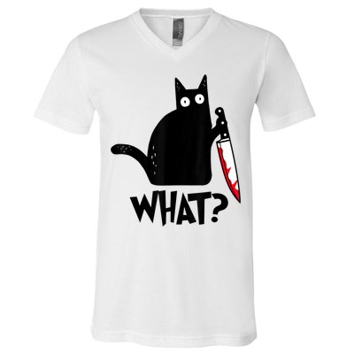 Cat What? Funny Black Cat Murderous Cat With Knife V-Neck T-Shirt